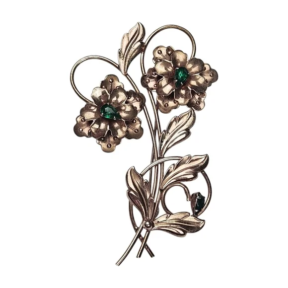 ROSEページ Vintage Flower Spray Sterling Brooch Green Rhinestone Rose Gold